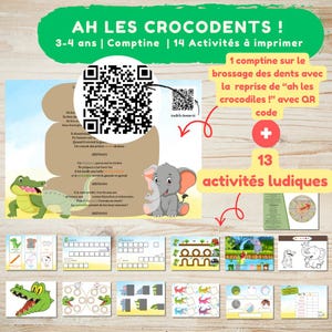 Può includere: Un set di attività per bambini intitolato "AH LES CROCODENTS!" con uno striscione verde e testo bianco. Il set include un codice QR, una canzone sullo spazzolamento dei denti e 13 attività giocose. Sono presenti anche illustrazioni di un coccodrillo e di un elefante.