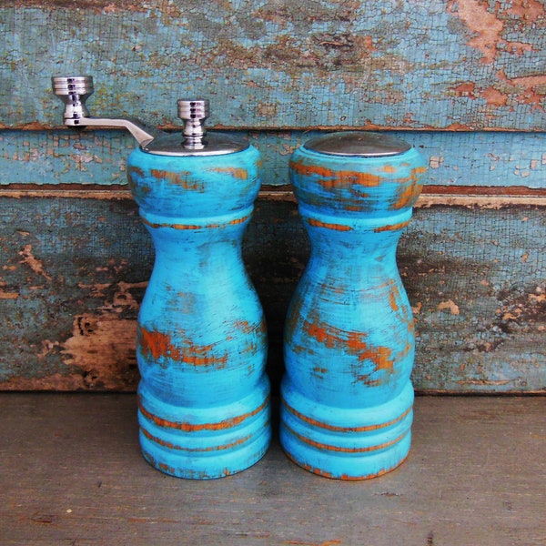 Turquoise Salt Shaker and Pepper Grinder Mill Distressed Wood