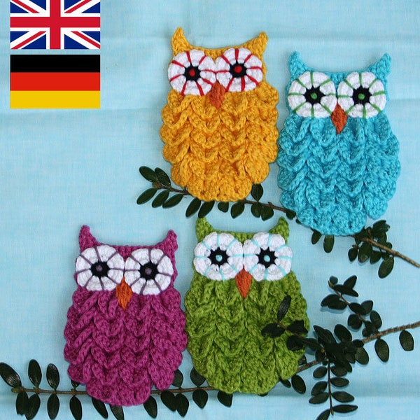 Owl in Crocodile Stitch - Crochet Pattern (Applique), PDF in English, Deutsch