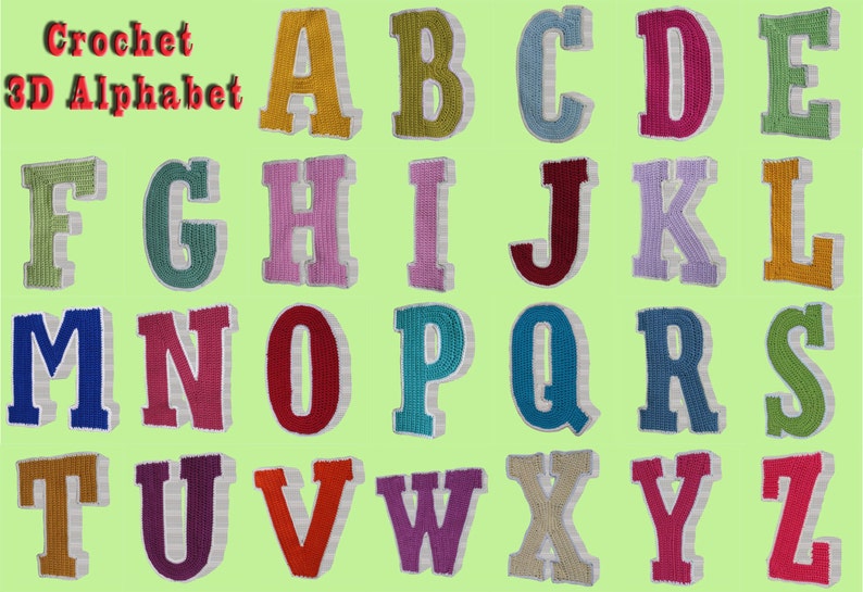 May include: Crochet 3D Alphabet: A set of 26 colorful, crocheted letters, each with a white outline, arranged in alphabetical order. The letters are displayed against a light green background.