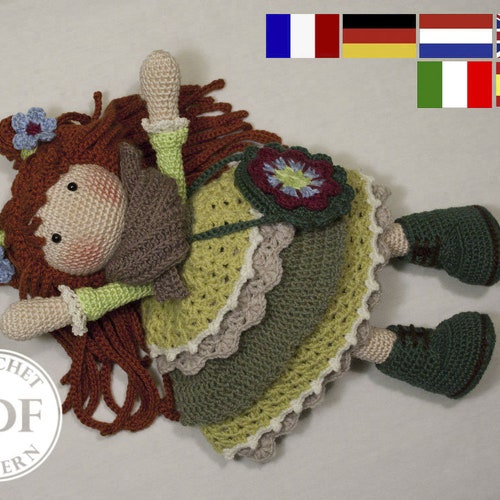 Crochet pattern for doll ELLIE, pdf  (Deutsch, English, Nederlands, Español, Italiano, Français)