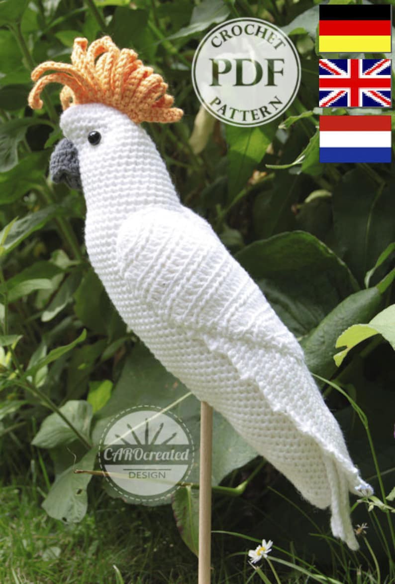 Amigurumi WHITE COCKATOO crochet pattern, PDF in English, Deutsch, Nederlands image 1