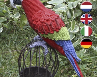 Amigurumi Red-and-Green Macaw/Parrot- crochet pattern, PDF (Deutsch, English, Español, Français, Nederlands, Italiano)