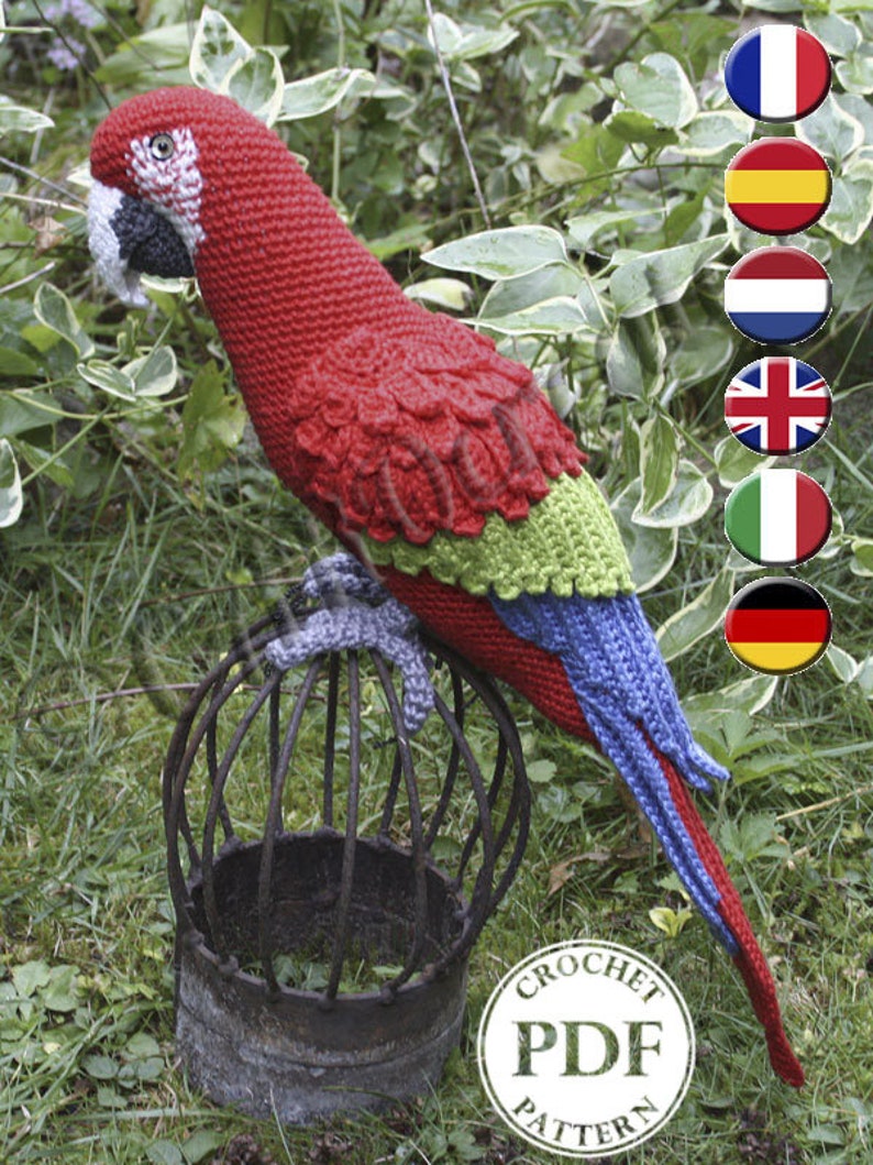 Amigurumi Red-and-Green Macaw/Parrot crochet pattern, PDF Deutsch, English, Español, Français, Nederlands, Italiano image 1