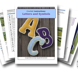 May include: Crochet instructions for letters and symbols. The image shows a close-up of three crocheted letters, A, B, and C, in yellow, purple, and blue, on a wooden background. The letters are part of a crochet pattern.