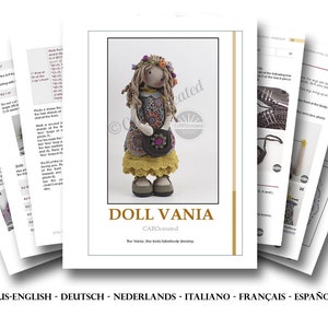 May include: Crochet doll pattern for a girl doll named Vania. The doll is wearing a colorful dress, a yellow skirt, and brown shoes. The pattern is available in multiple languages.