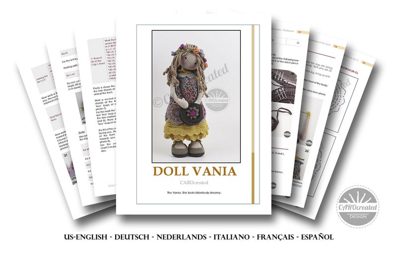 May include: Crochet doll pattern for a girl doll named Vania. The doll is wearing a colorful dress, a yellow skirt, and brown shoes. The pattern is available in multiple languages.