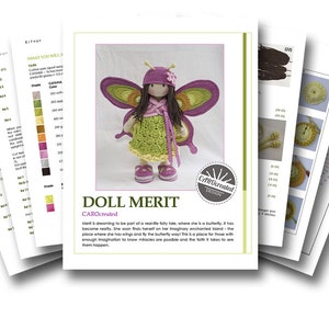 May include: A crochet pattern for a doll with butterfly wings. The doll is wearing a purple hat, a green dress, and yellow shoes. The pattern includes instructions for making the doll, the wings, and the hat.