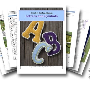 May include: Crochet instructions for letters and symbols. The image shows a close-up of three crocheted letters, A, B, and C, in yellow, purple, and blue, on a wooden background. The letters are part of a crochet pattern.