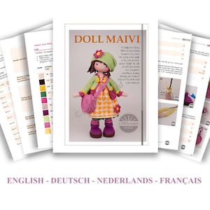 May include: A crochet PDF pattern titled "DOLL MAIVI" featuring a doll in a green hat, yellow dress, and pink purse. The pattern includes instructions and color charts, with text in English, German, Dutch, and French. The design is by CAROcreated.