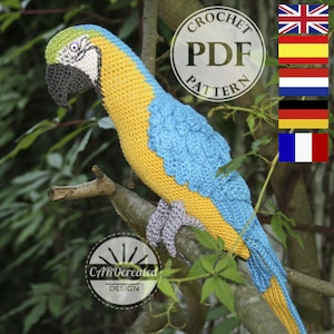 Amigurumi Blue-and-Yellow Macaw/Parrot - crochet pattern, PDF (Deutsch, English, Nederlands, Español, Français, Italiano)