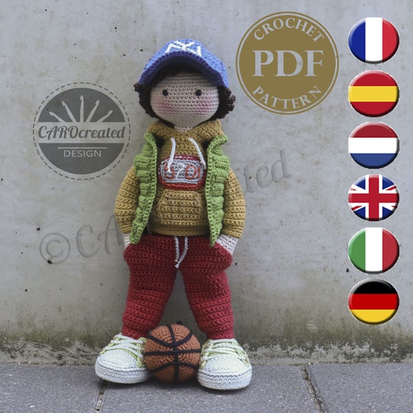 Crochet Pattern for Doll JONTE, pdf (Deutsch, English, Français, Nederlands, Español, Italiano)