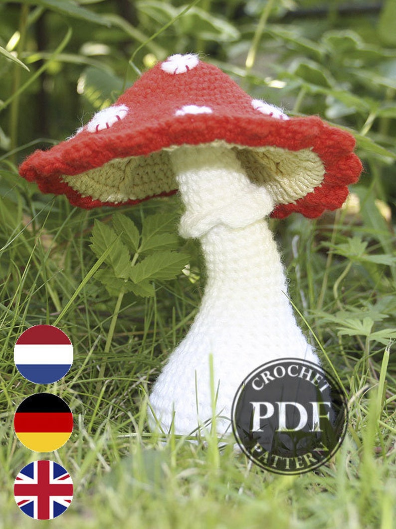 Mushroom crochet pattern Toadstool x1, PDF in English, Deutsch, Dutch image 1