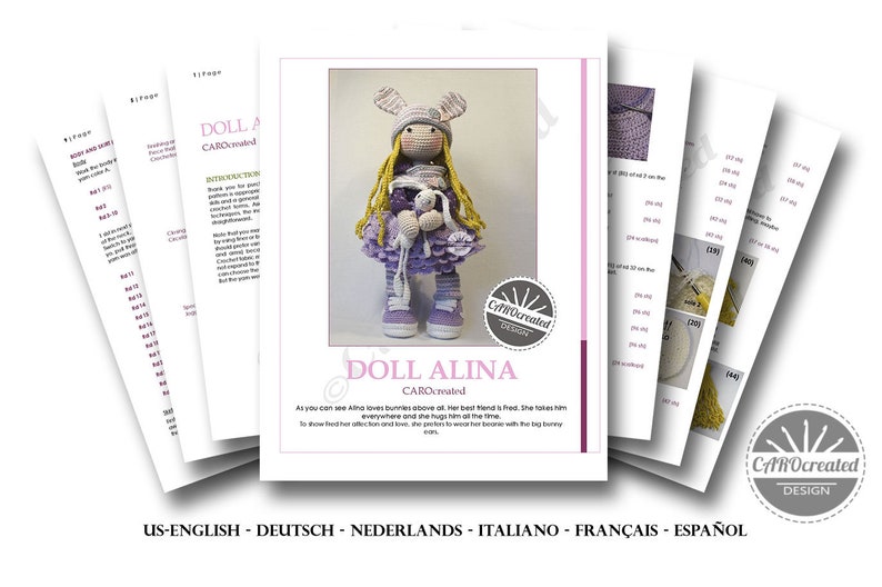 Crochet pattern for doll ALINA, pdf Deutsch, English, Français, Nederlands, Español, Italiano image 2