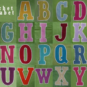 May include: Crocheted letters of the alphabet in various colors, including yellow, green, blue, pink, red, and purple. The letters are arranged in rows, with the title "Crochet Alphabet" at the top.