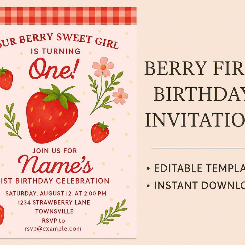 Berry First Birthday Invitation | Editable Strawberry 1st Birthday ...