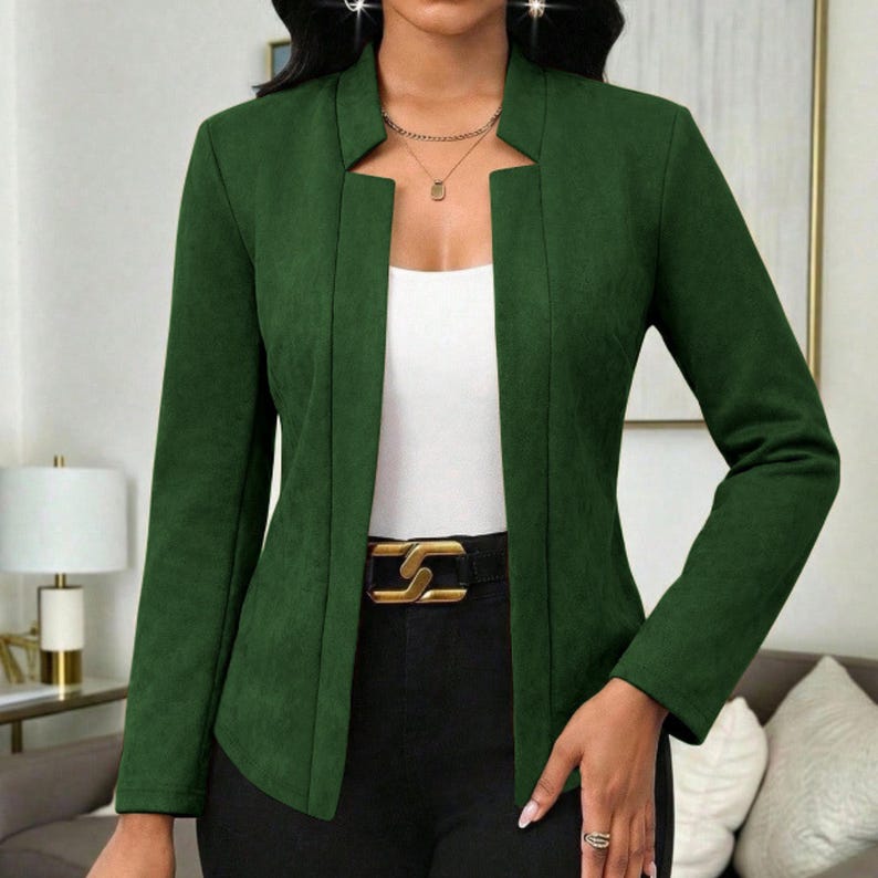 Women's Suede Jacket | Open Front Casual Blazer Coat | Chic Long Sleeve Outerwear | Elegant Fashion Layering Piece
.
Women's suede jacket with button details and open front design, tailored for chic layering and versatile outerwear. A stylish blazer-style coat for casual or formal outfits.