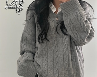 Suéter extragrande para mujer / Jersey informal de manga larga / Cuello en V / Ropa elegante de invierno