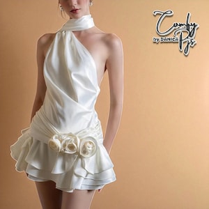 Damen Satin Minikleid | Rückenfreies Mini Neckholder Kleid | Ärmellos Schulterfrei | Schickes Abschlussball-Outfit | Geschenk für Sie