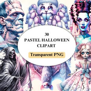 Pastel Halloween Clipart Set, 30 Halloween Clipart, Watercolor Design, Transparent PNG, Pastel Goth Theme, Commercial Use and Personal Use