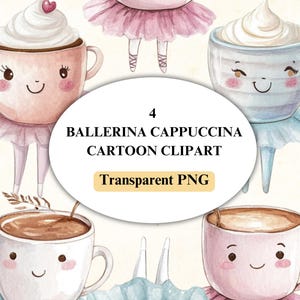 4 imágenes prediseñadas de bailarinas en acuarela, capuchino, taza de café de dibujos animados, arte de bailarina, meme italiano de Brainrot, descarga digital