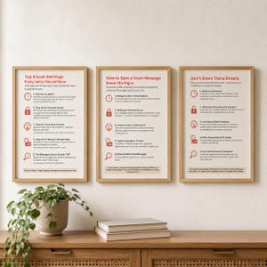 May include: Three framed educational posters with light wood frames, each featuring red and black text on a cream background. The posters provide guidance on identifying scams, spotting suspicious messages, and protecting personal information.