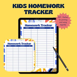 May include: A printable homework tracker with a blue and yellow geometric design. The tracker has columns for subject, date, and homework. The text "Homework Tracker" is at the top of the page.