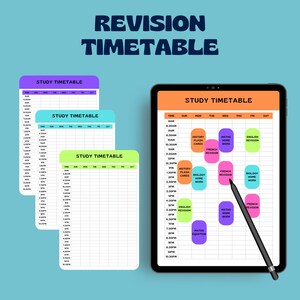 Peut inclure: Une tablette numérique affichant un emploi du temps d'étude. L'emploi du temps est organisé par jour de la semaine et heure de la journée. Chaque créneau horaire a un sujet qui lui est attribué, comme "Cartes mémoire d'histoire", "Devoirs de mathématiques à domicile" et "Révision de l'anglais".