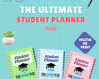 Peut inclure: Trois carnets de planification pour étudiants en vert, bleu et rose avec le texte "Student Planner" et le logo "The Smart Kid" sur la couverture. Les carnets comprennent des versions datées et non datées 2025. Le texte "Choisissez votre couleur préférée - Vert, Bleu ou Rose !" et "Parfait pour les étudiants, la fixation d'objectifs et la gestion du temps !" est situé sous les carnets.