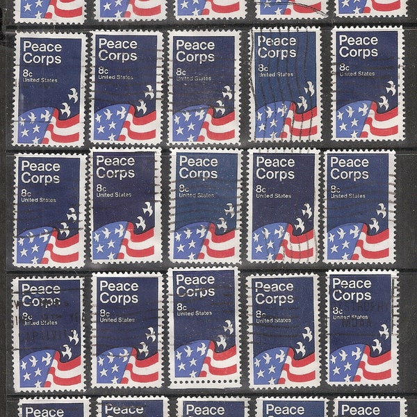 25 PEACE CORPS United States USED and Cancelled Postage Stamps For Craft Use "Flag against a Blue Background"