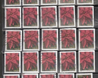 25 RED POINSETTIA Christmas United States USED Postage Stamps *For Craft Use!