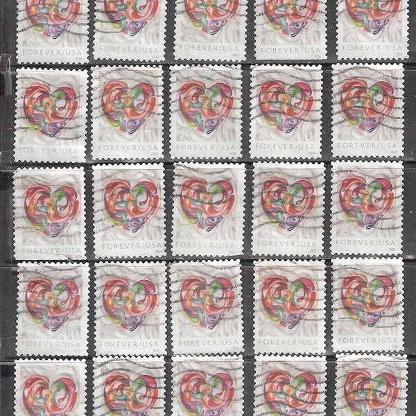 25 LOVE (Quilled Paper Heart) USED & Cancelled U.S. Postage Stamps For Craft Use