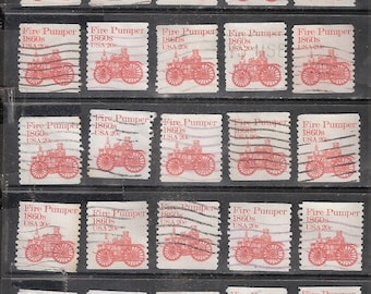 25  FIRE PUMPER United States Used Postage Stamps (1860's Red Fire Pumper against a white background) *For Craft Use