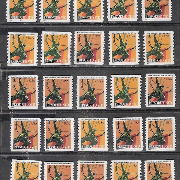 25 ATLAS STATUE Used & Cancelled USA 10c Presorted Stamps (American Series American Culture) *For Craft Use