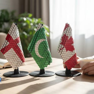 Może przedstawiać: Trzy miniaturowe flagi, reprezentujące Anglię, Pakistan i Kanadę, są wystawione na drewnianym stole. Flagi mają skomplikowane wzory w kolorach czerwonym, zielonym i białym. Każda flaga jest zamontowana na czarnej podstawie.