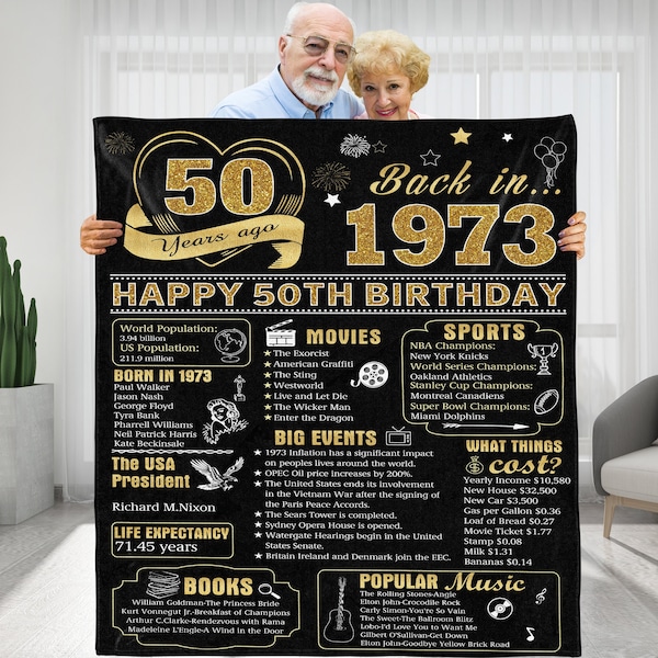 Happy 50th Birthday Blanket Gift|Back In 1973|Soft Flannel Fleece Throw Blanket Travel Blanket|Birthday Gift For Mom Dad Friend Children