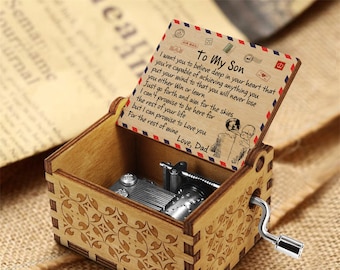 To My Son Music Box, Engraved Handmade Wooden Music Box, Custom Vintage Hand Crank Musical Box, Gift For  Christmas Birthday