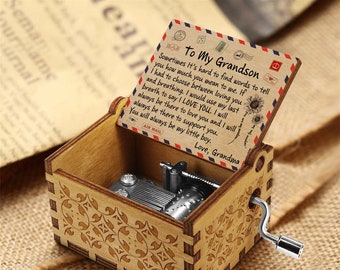 To My Grandson Wooden Music Box, Handmade Music Box For Boy From Grandma, Vintage Hand Crank Musical Box, Gift For Christmas Birthday