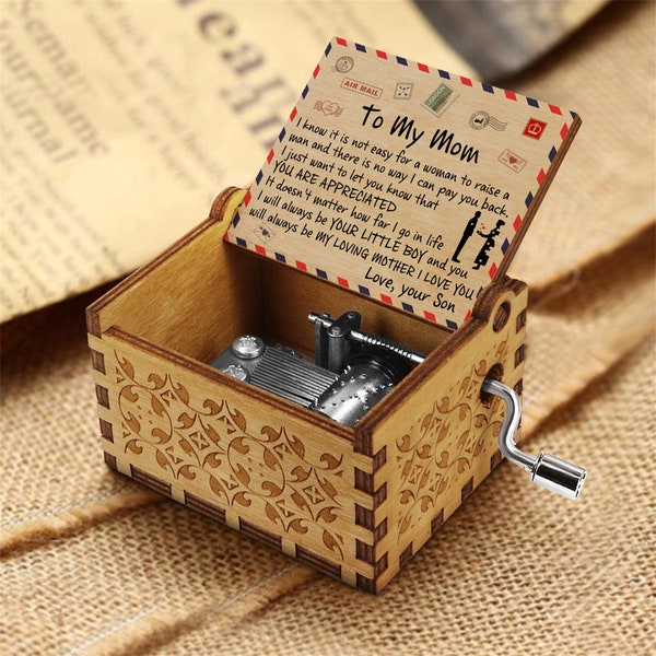 To My Mom Music Box, Handmade Wooden Music Box For Mom From Son, Vintage Hand Crank Musical Box, Gift For Christmas Birthday Mother’s Day