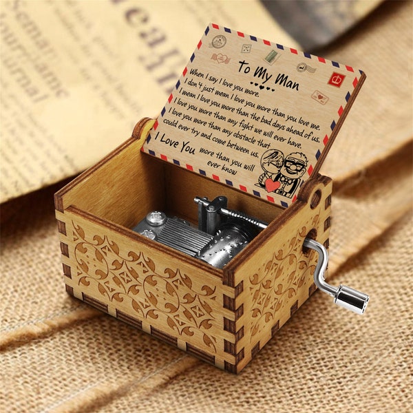 Engraved To My Man Wooden Music Box, Handmade Vintage Hand Crank Musical Box, Christmas Birthday Gift For Husband,You Are My Sunshine Song