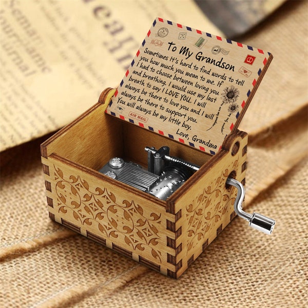 To My Grandson Wooden Music Box, Handmade Music Box For Boy From Grandma, Vintage Hand Crank Musical Box, Gift For Christmas Birthday