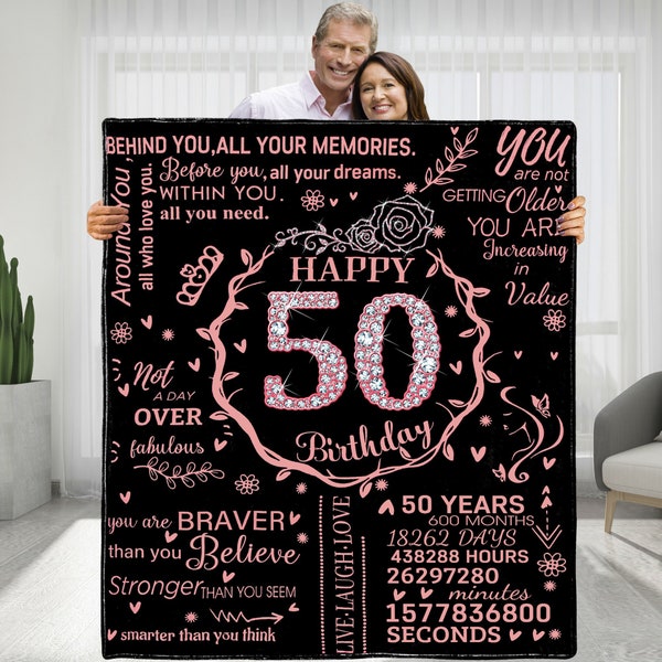 Happy 50th Birthday Blanket,Text Blanket,Fleece Blanket,Birthday Gift For Mom Wife Women Friend,Anniversary Christmas Gift For Her