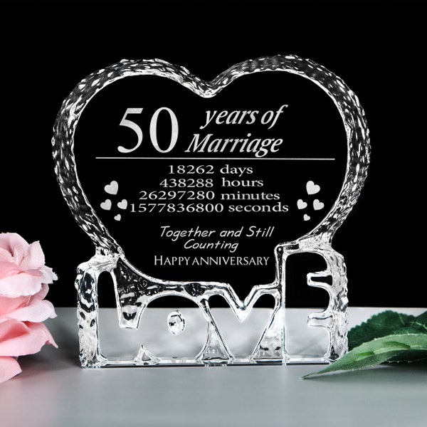 50 ans 50ème anniversaire de mariage Cadeau Laser Crystal Heart Mariage Souvenir Décoration pour Couple Lui Son Mari Femme Maman Papa