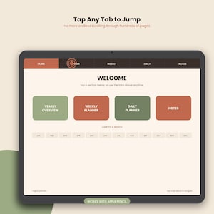 Puede incluir: Una interfaz de planificador digital en una pantalla de tableta con una página de bienvenida, pestañas de navegación para Inicio, Año, Semanal, Diario y Notas, y botones para resumen anual, planificador semanal, diario y notas.