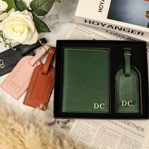 Juego de regalo de etiqueta de equipaje con porta pasaporte de cuero personalizado, etiqueta de equipaje personalizada, regalo de viaje, regalo de boda, regalo de viaje para ella, regalo de luna de miel.