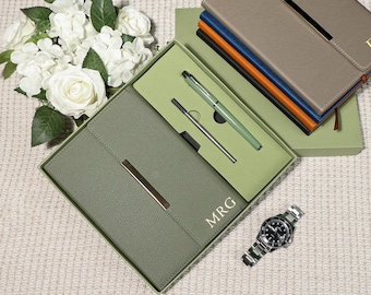 Personalized leather journal set,custom leather notebook,A5 leather notebook,custom graduation gift,Notebook gift box set，Custom Office Gift