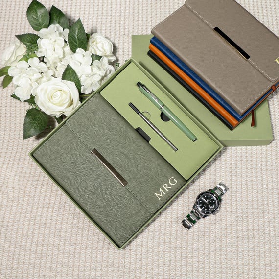 Personalized leather journal set,custom leather notebook,A5 leather notebook,custom graduation gift,Notebook gift box set,Custom Office Gift