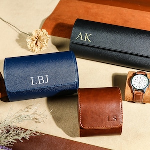 Horlogerol voor 3 horloges, gepersonaliseerde leren horlogedoos, huwelijkscadeau, reiskoffer herenhorloge, cadeau voor hem, gegraveerde reishorlogehouder