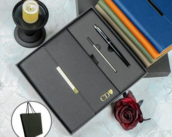 Custom Leather Journal Set,Personalized Leather Notebook ,Personalised A5 Vegan Leather Notebook,Initial Notebook Present，Notebook Set gifts
