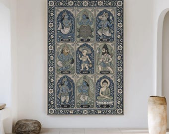 May include: A large rectangular wall art piece featuring a grid of nine distinct mythological figures in blue and beige tones, each enclosed in an ornate archway. The artwork is framed by a dark blue border with a repeating white floral pattern.